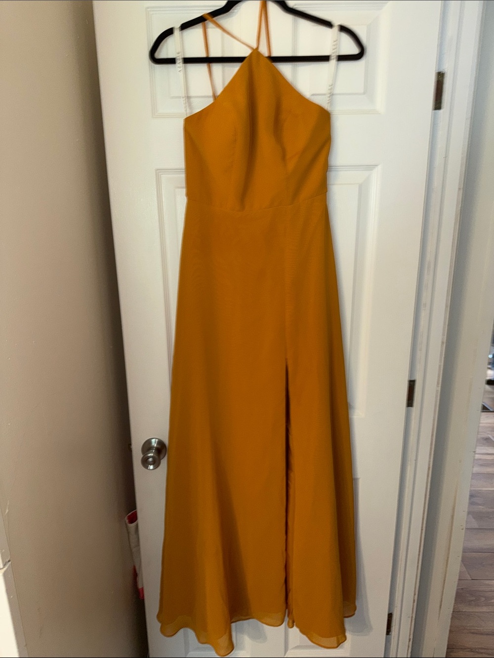 Azazie Mustard Halter Maxi Dress with Front Slit